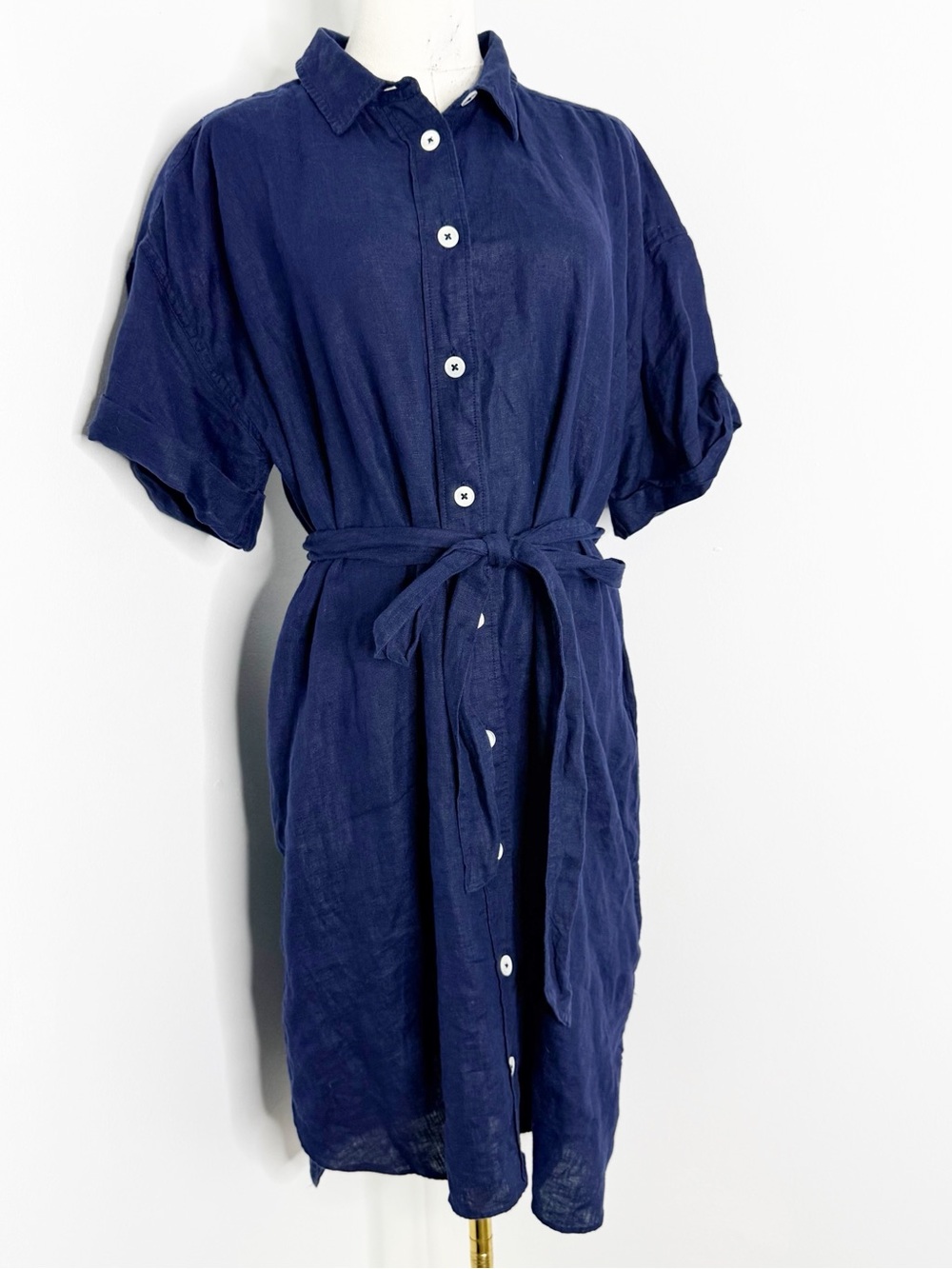 J.Crew Women’s Size Large Navy 100% Linen Belted Shirt Dress BY784